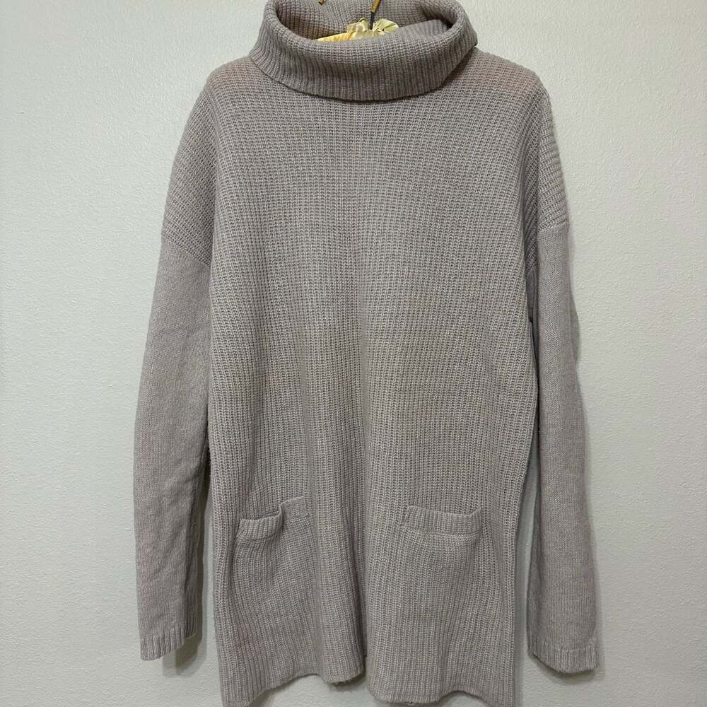 Ellen Tracy Turtleneck Sweater Size XL Beige Pocket Ribbed Wool